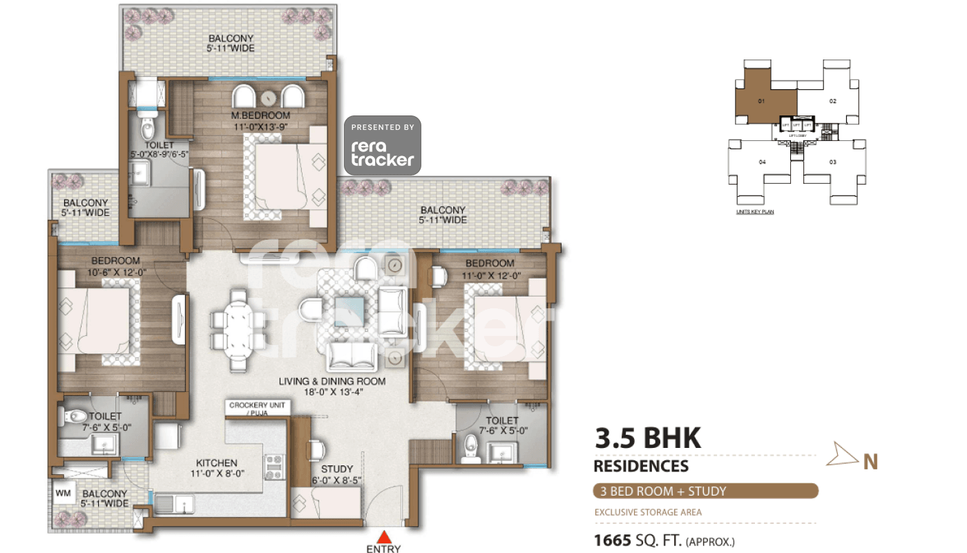 M3M Capital Phase 1 ( Tower 1, 2, 3a, 3b, 3c) Gurgaon floor plan 3 BHK 1665.00 sq.ft