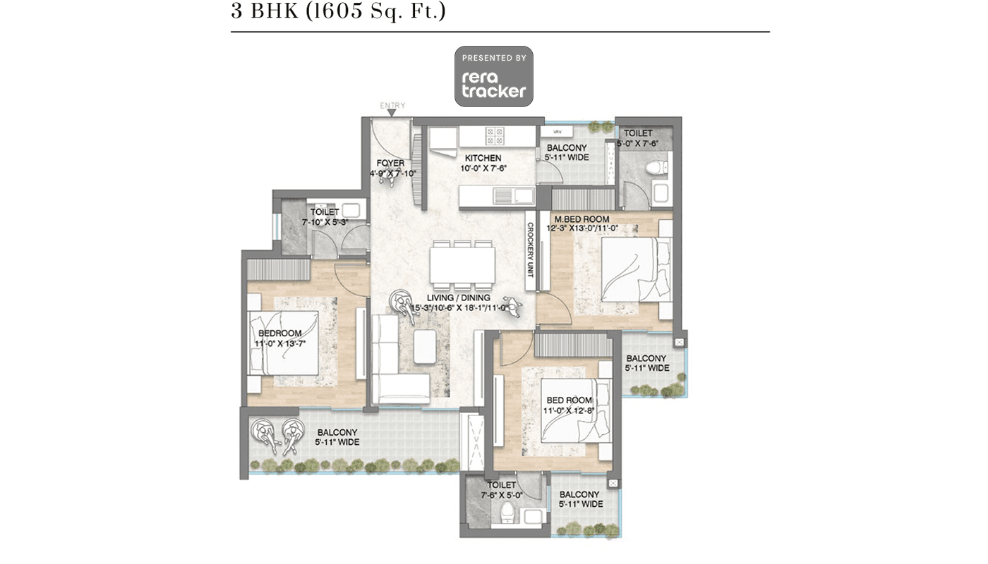 Floor plan for 3 BHK 1605.00 sq.ft