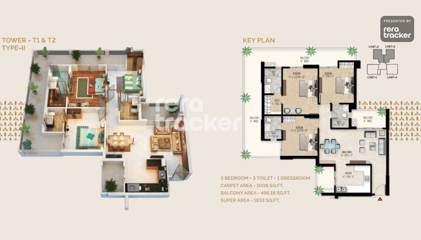 Floor plan for 3 BHK 1833.00 sq.ft