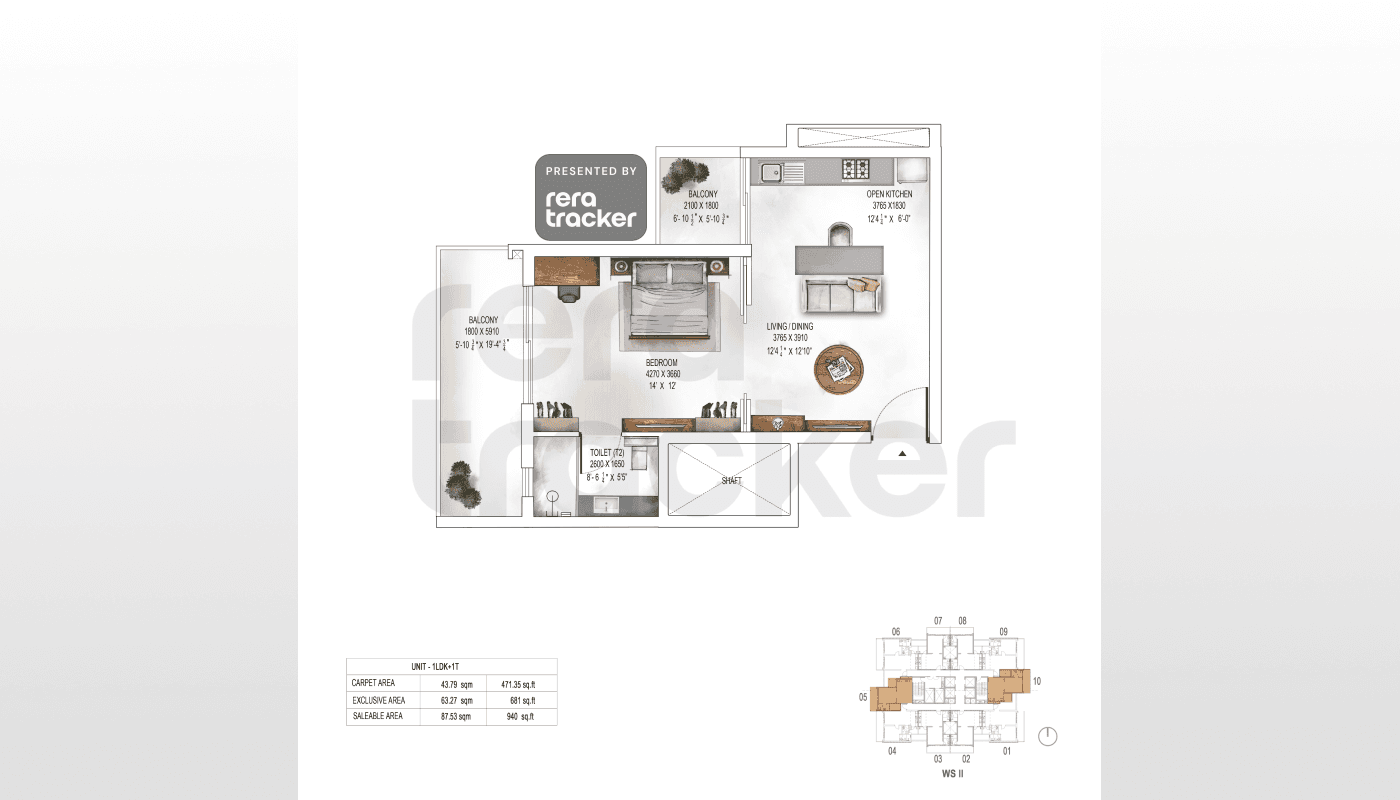Floor plan for 1 BHK 940.00 sq.ft