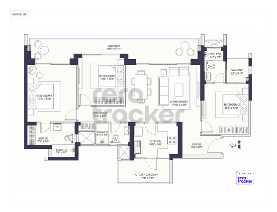 Floor plan for 3 BHK 1945.00 sq.ft